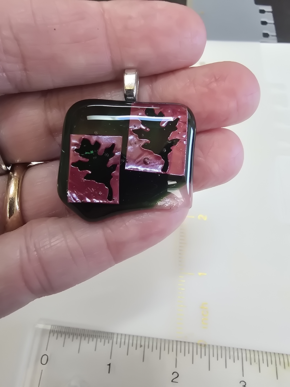 Glass Pendant Necklace - Black and Pink Leaf Design